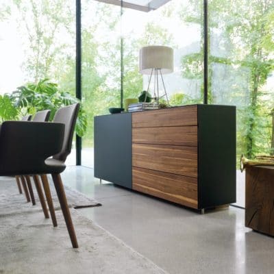 CUBUS Pure Sideboard in Eiche Wild mit Schubladen und Türe in Farbglas anthrazit.