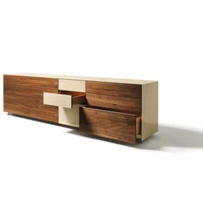 Cubus Pure Sideboard mit Schubladen in Nussbaum und Glas sand.